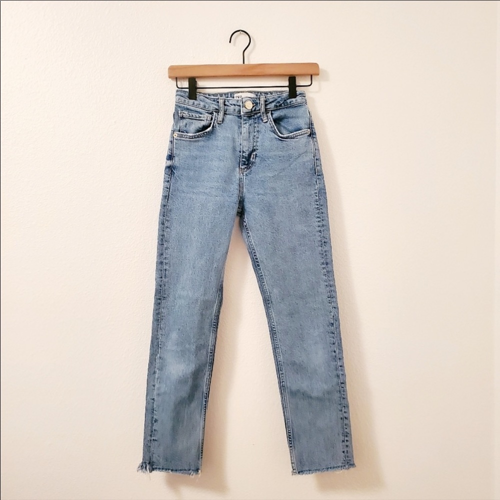 Zara Medium Wash Raw Hem High Rise Jeans